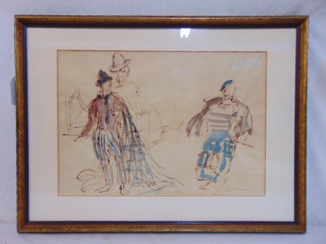 Painting, 2 figures, John Groth, watercolor on paper, 2: Painting, 2 figures, John Groth, watercolor on paper, 2 fisherman, sailboat in background, "Las Palmas, fisher" written in lower right corner, 14" by 20"