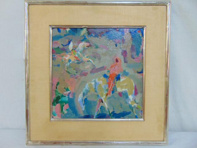 Painting, figures on horseback, Irving Marantz, 1964,: Painting, figures on horseback, Irving Marantz, 1964, oil on canvas board, 11.25" by 11.25"m (measured from front, visible art)