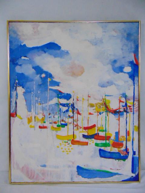 Painting, "Happy Boats", Ronald Christensen, oil on: Painting, "Happy Boats", Ronald Christensen, oil on masonite, colorful scene with various sail boats, Beilin Gallery, New York City 1969, 37.5" by 30".