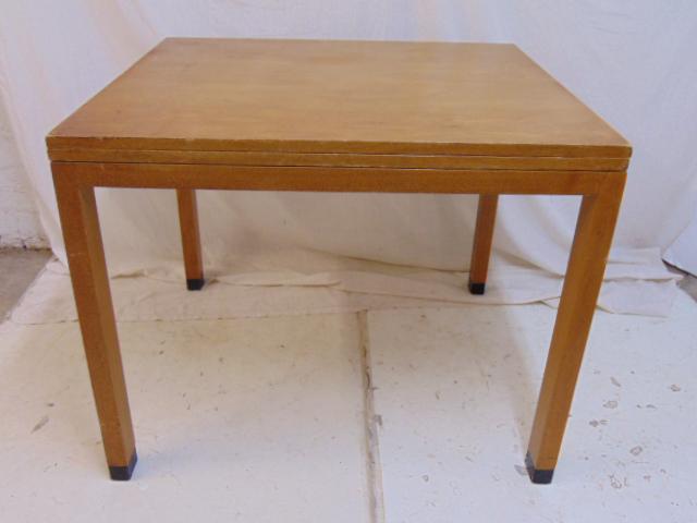 Dunbar game table, adjustable top with felt storage: Dunbar game table, adjustable top with felt storage underneath top, end op legs are taped, table is 36" by 32", or 36" by 64" (open), height is 28.25", with old Lord & Taylor Dunbar paper label, was 7