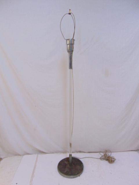 Marbro glass & chromed steel floor lamp, iron base,: Marbro glass & chromed steel floor lamp, iron base, glass pole & chromed steel fitting, lamp is 56" (floor to top socket), needs new plug, wiring seems ok, base appears weathered (see images)