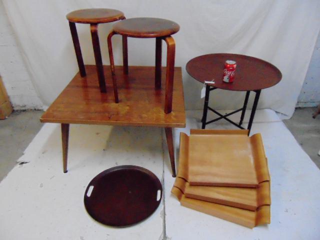 Swedish side tables, trays & stools, includes a square: Swedish side tables, trays & stools, includes a square coffee table by AB J O Carlssons Mobelindustri, Vetlanda, Sweden, table is 31" by 31", height is 17.5"; pair Swedish stools with bentwood legs, 3
