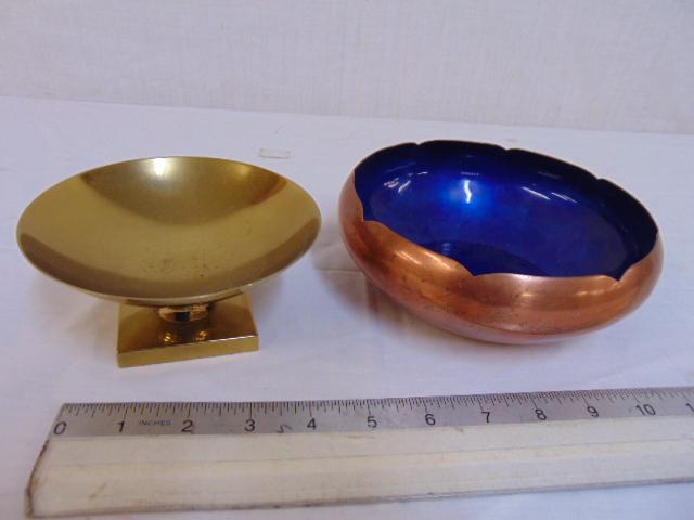 Parzinger & Stavre Gregor Panis bowls, copper bowl with: Parzinger & Stavre Gregor Panis bowls, copper bowl with blue enameled interior, 7" in diameter, height is 2 3/8", Tommi Parzinger brass bowl or footed dish, 5.25" in diameter, height is 2 3/8", some s