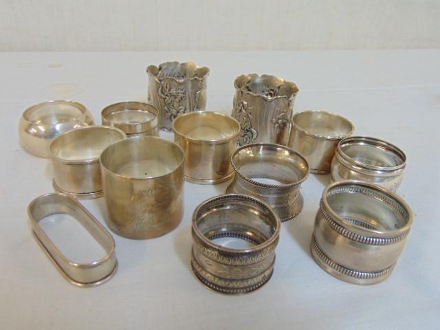 13 silver napkin rings, various sizes, shapes, 9 troy: 13 silver napkin rings, various sizes, shapes, 9 troy