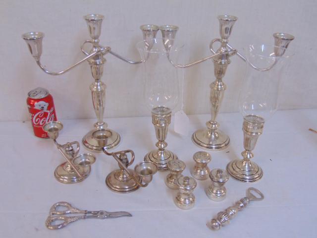 Weighted sterling silver lot, 2 pair candelabra, bottle: Weighted sterling silver lot, 2 pair candelabra, bottle opener, grape scissors, 2 pair salt & peppers & pair candlesticks with glass hurricane shades