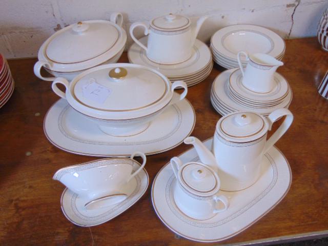 Villeroy & Boch china set, "kimono" dinnerware, white: Villeroy & Boch china set, "kimono" dinnerware, white bone china dinnerware with gilt trim, includes 3 piece tea set, 2 covered vegetable bowls, gravy boat, 5 soup plates, 5 salad plates, 5 cake plate
