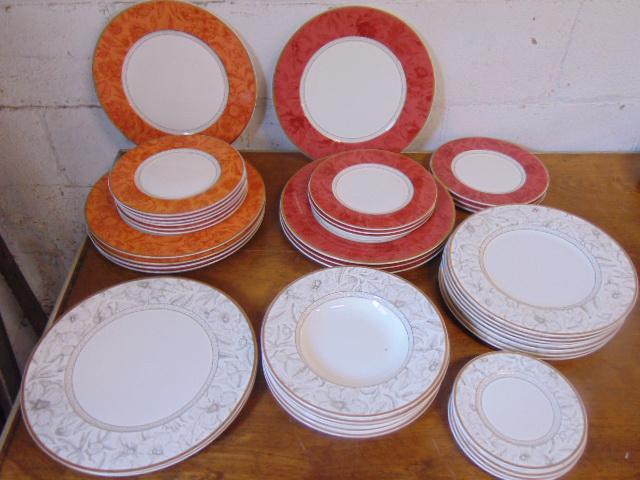Villeroy & Boch plates Kimono pattern, includes 20: Villeroy & Boch plates Kimono pattern, includes 20 Kimono Edo plates (various sizes), 10 Kimono Akita plates with red borders & 11 Kimono Kutani plates with floral decorated orange border..