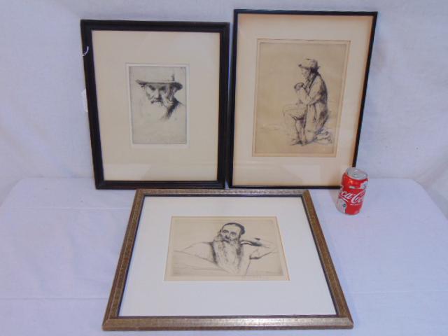 3 etchings, William Auerbach-Levy, includes "Motke": 3 etchings, William Auerbach-Levy, includes "Motke" (limited edition, plate destroyed) 8" by 11"; "Sokoloff", 8.25" by 10.75" & seated man with hat, 12.5" by 9.5"