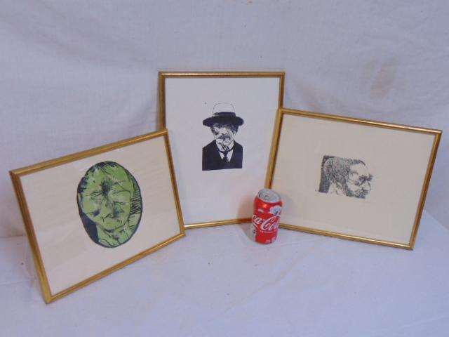 3 woodblock prints, Leonard Baskin, includes "Death: 3 woodblock prints, Leonard Baskin, includes "Death Mask", a woodcut print in green & black 7 1/8" by 5.5"; "George Minne" wood engraving, 6.25" by 4" & portrait of a man, 3.75" by 5.75", sizes given