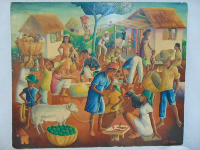 Painting, Haitian market scene, Wilson Bigaud, 1956,: Painting, Haitian market scene, Wilson Bigaud, 1956, oil on masonite, market scene with various figures, animals & dwellings, good condition, not framed, painting is 20" by 24"