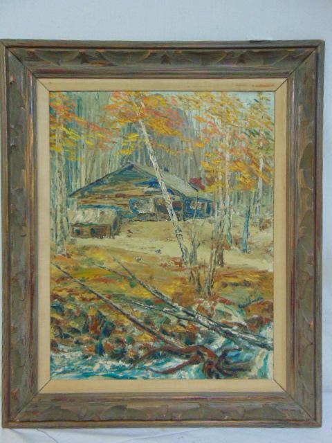 Painting, cabin by stream, Wildman, oil on masonite,: Painting, cabin by stream, Wildman, oil on masonite, Helen Wildman-Long, 28" by 22"