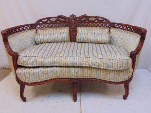 Carved & upholstered French loveseat, striped floral: Carved & upholstered French loveseat, striped floral upholstery, nicely carved detail, loveseat is 54 1/2" x 28" height 31 1/2"