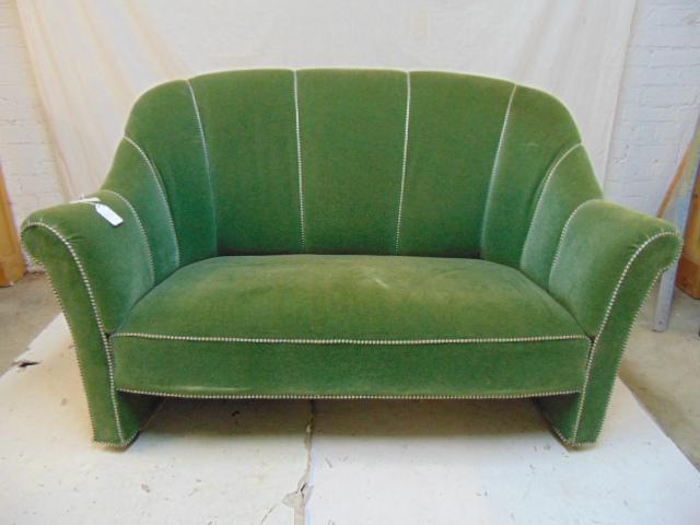 Custom Mohair upholstered sofa, love seat, in lime: Custom Mohair upholstered sofa, love seat, in lime green, sofa is 60" long, clean 37" back height 16" seat height