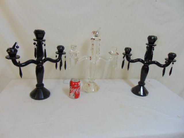 3 Villeroy & Boch crystal candelabra, 2 in black, one: 3 Villeroy & Boch crystal candelabra, 2 in black, one in clear glass, some missing crystals, height is 16.25"