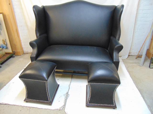 Johnston Bench works wingback loveseat, black leather: Johnston Bench works wingback loveseat in black leather with two leather stools, stools have lift top seats to allow for storage, loveseat is 55" long, 26.5", height is 47", excellent condition.