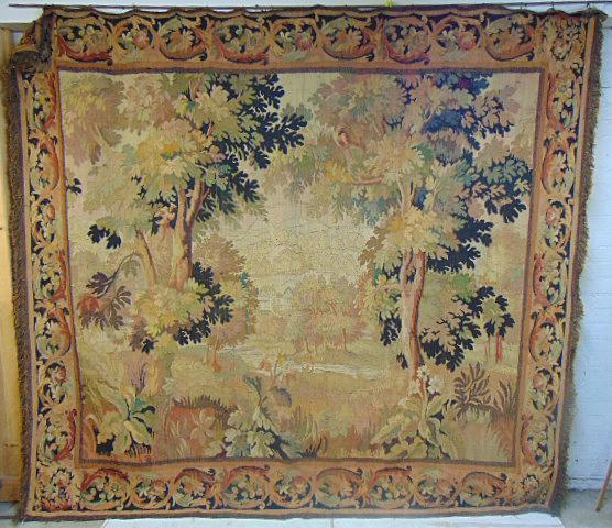 Antique tapestry, needlepoint, estate seen through: Antique tapestry, needlepoint, estate seen through woods, with decorative border, tapestry is 88" by 96" provenance Singer estate