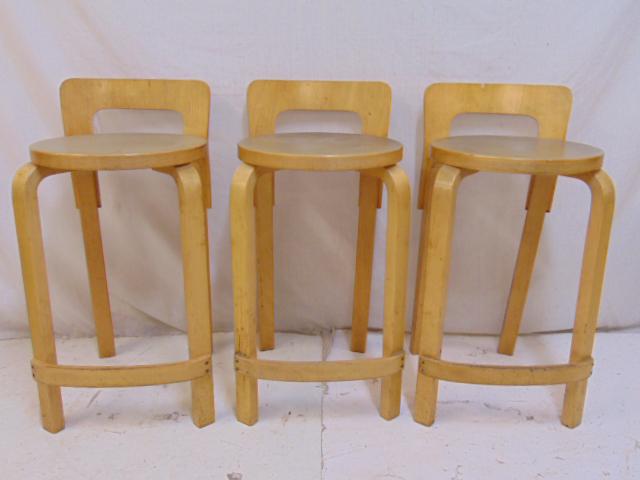 3 bentwood stools, blond finish, each stool is 13.75": 3 bentwood stools, blond finish, each stool is 13.75" in diameter (seat), height is 28", seat height is 23.75", few small veneer chips, need a cleaning