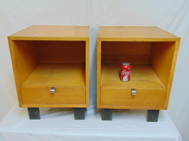 Pair George Nelson, Herman Miller night stands: Pair George Nelson, Herman Miller night stands, pair single drawer nightstands in blond mahogany, each stand is 17 7/8" wide, 18.5" deep & height is 24.25", some wear, scratches, small veneer chip on 