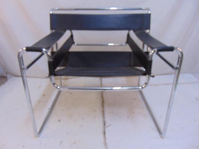 Chrome & leather Wassily chair, black leather, chrome: Chrome & leather Wassily chair, black leather, chrome frame, MCM design by Marcel Breuer, 30" by 26", height is 28.5"