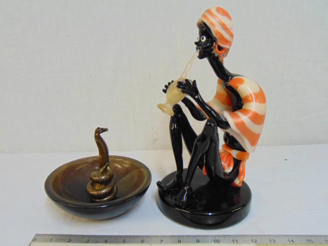Murano Italian art glass, "The Snake Charmer", two: Murano Italian art glass, "The Snake Charmer", two parts, the snake charmer & a snake in bowl, snake charmer in good condition, snake has been repaired, as is. 12.5" tall