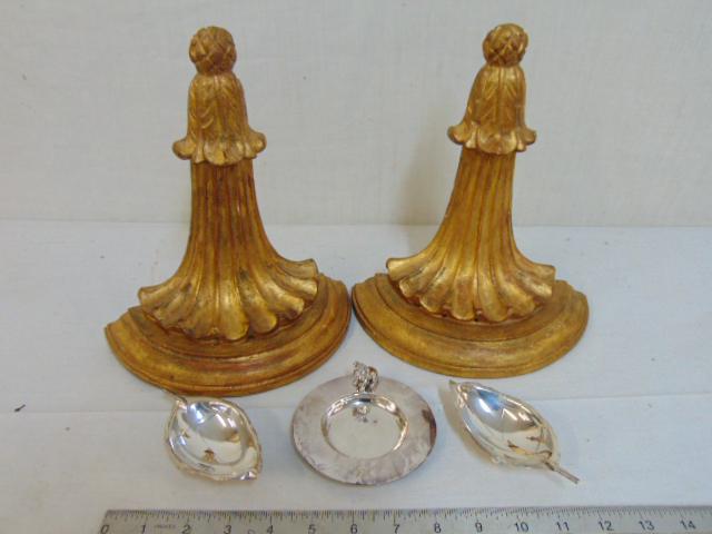 Cartier nut dishes, English silver dish & pair gilt: Cartier nut dishes, English silver dish & pair gilt wood brackets.