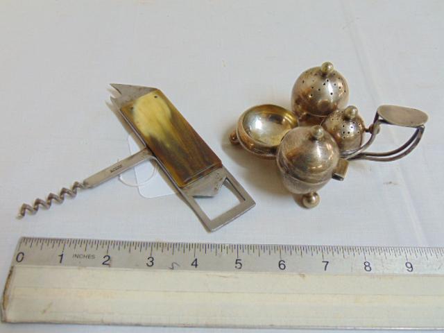 Austrian bone handled corkscrew, opener & silver-plate: Austrian bone handled corkscrew, opener & silver-plate salt & pepper dish.