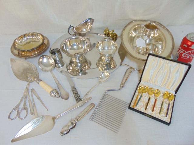 Large lot quality silver-plate, English tea caddy,: Large lot quality silver-plate, English tea caddy, various bowls, pitchers, flatware & charger
