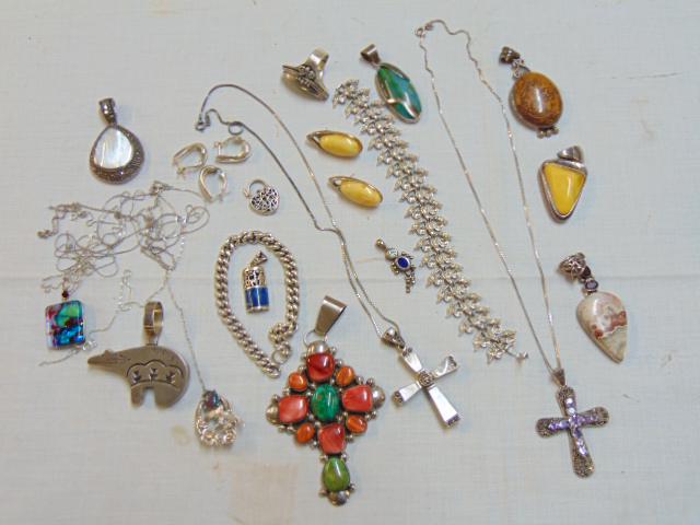 Sterling silver jewelry lot, various pendants including: Sterling silver jewelry lot, various pendants including RMTZ cross pendent with various stones, ring, necklaces, earrings & more