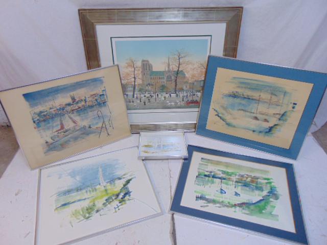 Lot art by Birdsey & litho by Delacroix, lot includes 5: Lot art by Birdsey & litho by Delacroix, lot includes 5 watercolors (unsure about one) signed Birdsey (Alfred Birdsey) & large lithograph, Notre Dame, Paris, Michel Delacroix, 19.5" by 23", note, one 