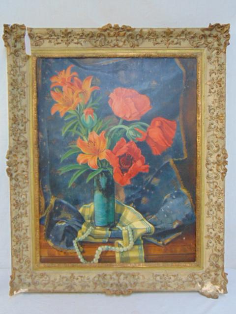 Painting, still life with poppies, floral, by Franz: Painting, still life with poppies, floral, by Franz Paul Glass (unsigned, from the estate), oil on canvas, frame chipped, canvas is 29.75 by 23"