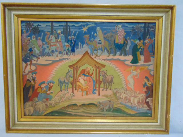 Painting, Christmas Scene, Franz Paul Glass, German,: Painting, Christmas Scene, Franz Paul Glass, German, oil on canvas showing birth Christ, angels, wise men, shepherds, signed lower right, canvas is 18.5" by 25.75"