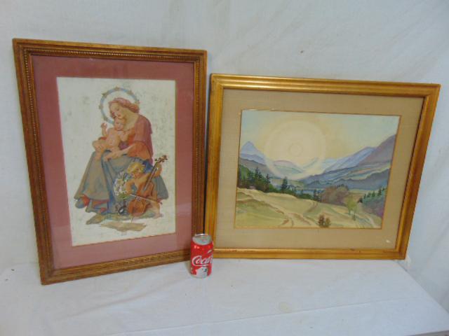 2 paintings, Franz Paul Glass, watercolor showing: 2 paintings, Franz Paul Glass, watercolor showing sunset over valley (15" by 19.75") & watercolor, illustration, Mary & child with putty playing cello, 17.75" by 11.5", needs cleaning, mildew visible.