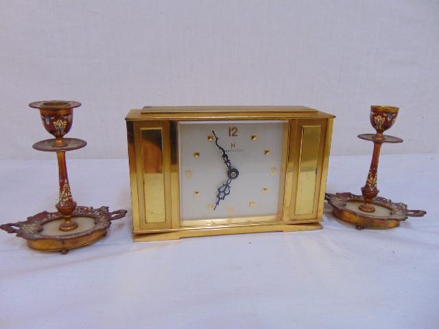 Hamilton brass clock & pair cloisonne sticks, Hamilton: Hamilton brass clock & pair cloisonne sticks, Hamilton watch company clock with quartz movement & pair small cloisonne candlesticks with alabaster bases.