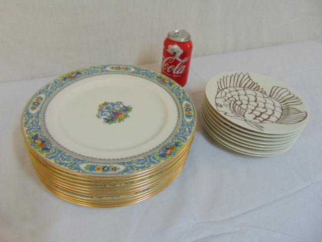2 sets plates, Fitz and Floyd & Lenox, 11 Lenox "The: 2 sets plates, Fitz and Floyd & Lenox, 11 Lenox "The Autumn" 10.5" dinner plates, & 8 fish themed 7.5" salad plates by Fitz and Floyd, all in good condition.