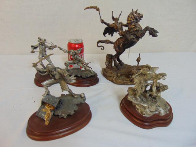 4 bronze & pewter fantasy sculptures, "Nightmare's: 4 bronze & pewter fantasy sculptures, "Nightmare's Bane" by Brom; "Pieces of Eight" by LaRocca; "Holy Ground" by Michael Boyett & \two figures sword fight (sword loose), signed LaRossa.