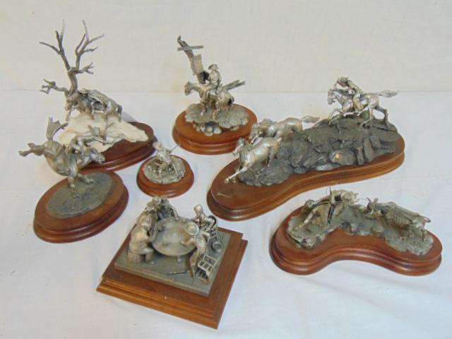 7 pewter frontiersmen sculptures, included are: 7 pewter frontiersmen sculptures, included are "Mustanger"; "Portugee Phillips"; "Bareback Rider"; "Hightailing"; "Too Many Aces"; "Irons in the Fire" & "Wanted", Chilmark & others, on wood bases