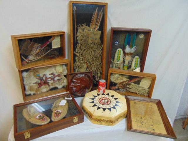 Collection cased Native Indian artifacts, in 6 display: Collection cased Native Indian artifacts, in 6 display cases, & additions, includes beaded Moccasins, "2 Walking Path" (1998) pipes; & Hand painted spirit horses, painting on Hide, hide covered drum,