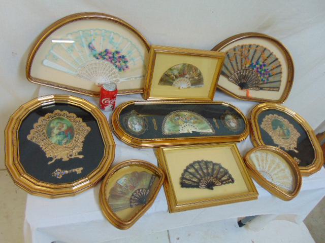 9 decorative framed fans with various scenes: 9 decorative framed fans, all in shadow box frames, plastic, appear to be 1940's or 50's, not hand painted
