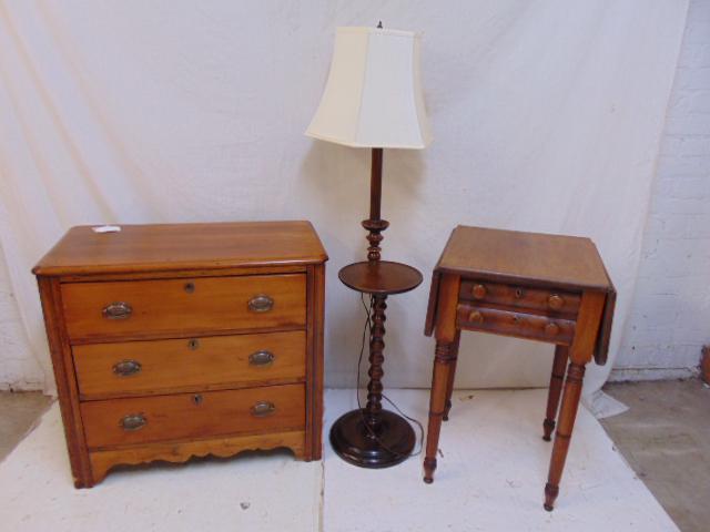 Furniture lot, 3 drawer washstand, drop leaf two drawer: Furniture lot, 3 drawer washstand, drop leaf two drawer nightstand & lamp table.