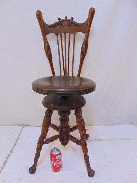 Oak piano stool with back, ball & claw feet, good: Oak piano stool with back, ball & claw feet, good condition,