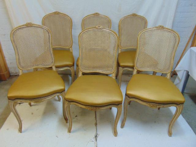 Set 6 French caned back chairs, white painted side: Set 6 French caned back chairs, white painted side chairs with upholstered seats & caned back, carved detail, in good condition.
