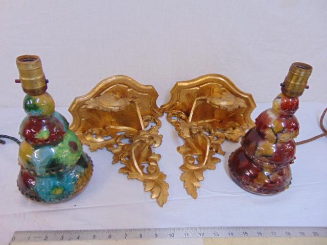 Pair gilt wood brackets & pair lamps, pair gilt &: Pair gilt wood brackets & pair lamps, pair gilt & carved wood Italian shelves & pair La Salamandra Perugia Italian ceramic lamps.
