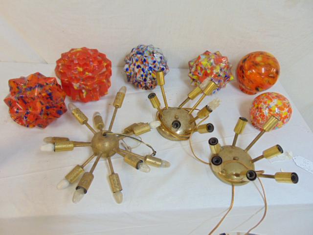 2 Sputnik fixtures & 6 Czech art glass shades, Sputnik: 2 Sputnik fixtures & 6 Czech art glass shades, Sputnik style hanging fixture & 2 wall sconces (one has broken arm), in brass & various multicolored shades, 2 globes & 4 "star", 3 shades have chipped r