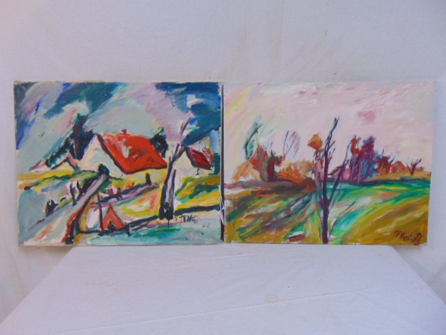Pair paintings, Martin Kainz, landscape & house: Pair paintings, Martin Kainz, landscape & house, oil on canvas, unframed, house is dated 1978, landscape titled "The Lonely Tree" is dated 1981, both are 24" by 30"