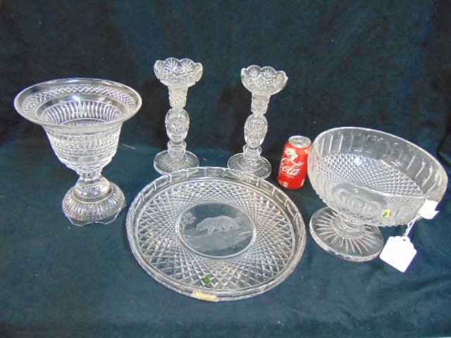 Lot Waterford crystal, pair candle sticks, vases etc.: Lot Waterford crystal, pair candle sticks, large 13.75" tray with etched polar bear, compote (9" in diameter, 7.75" tall) & Michael Atam for Waterford vase, 9.5" tall, all in good condition.