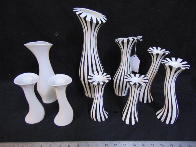 9 Villeroy & Boch Paloma Picasso vases & candle sticks,: 9 Villeroy & Boch Paloma Picasso vases & candle sticks, includes 6 Novello Blanco-Nero" pieces (white with black stripes) including 2 vases 13" & 9.5", two 8" candle sticks & one 6.25" candlestick plu