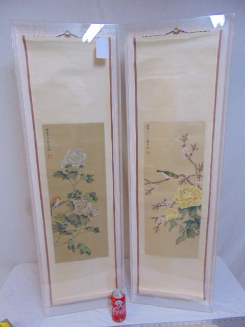 (2) Asian scrolls, birds & flowers, ( 2 ) Chinese: (2) Asian scrolls, birds & flowers, ( 2 ) Chinese signed scrolls, framed in shadow box, frame size is 46 1/4" x 14 1/4"