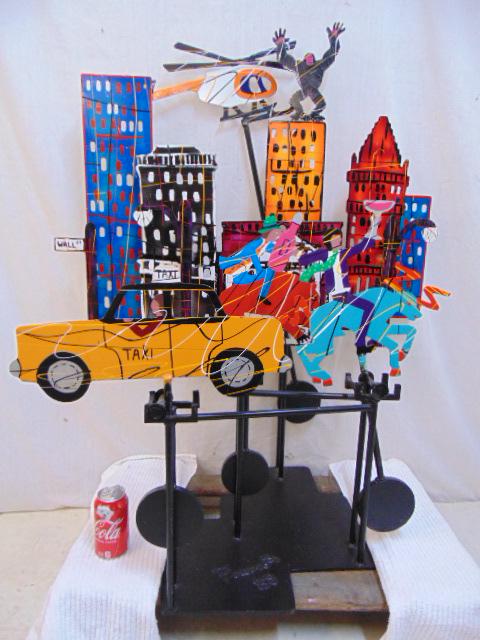 Sculpture, Art, Frederick Prescott 1988 Kinetic metal: Sculpture, Art, Frederick Prescott 1988 Kinetic metal art NYC scene, Wall St, King Kong, signed and dated on base. 42" tall 34" wide approx.
