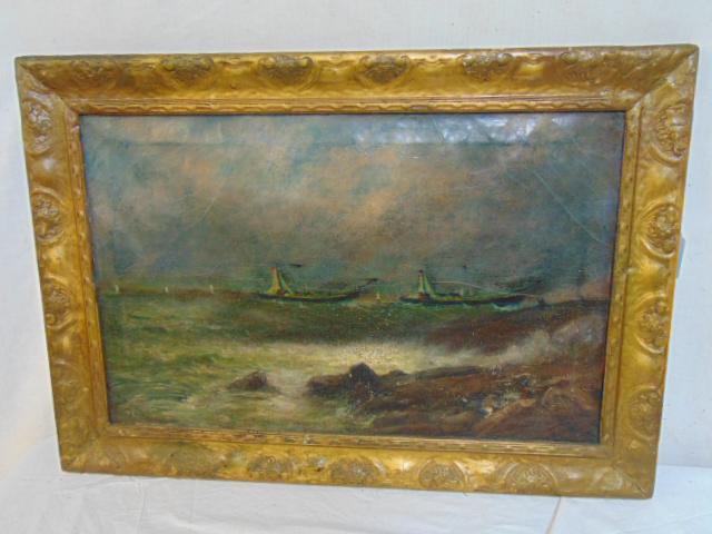 Painting, boats at sea, L.M. Hodge, oil on canvas, 18": Painting, boats at sea, L.M. Hodge, oil on canvas, 18" by 28", showing two unusual sailboats near rocky coast, canvas loose on stretcher.