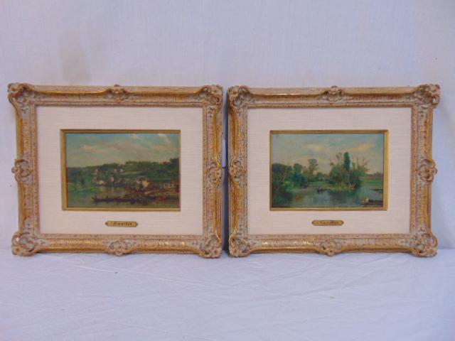 2 Paintings, Jules Cornilliet, oil on wood panel, "Port: 2 Paintings, Jules Cornilliet, oil on wood panel, "Port de sevres", various boats by small village 1873, & various figures in a row boat, 6" x 9.25"